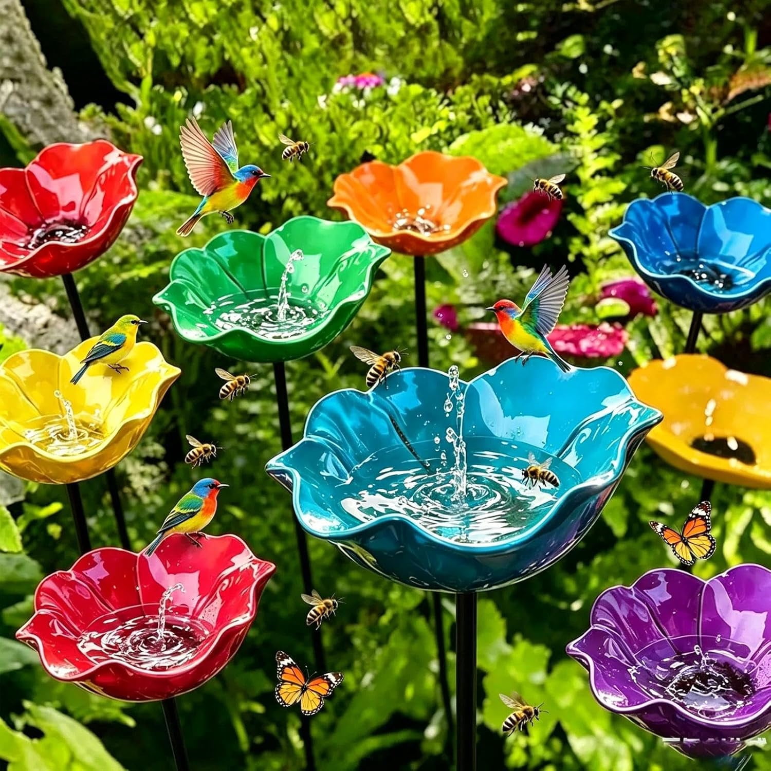 Handmade Metal Flower Garden Stake with Bee Bath & Bird Bath & Colorful Butterfly Bowl Decorative Outdoor Yard Art, with Flower Design, Yard Decor Butterfly Pollinator Watering Station (Blue, 5)