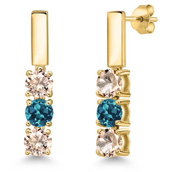 Gem Stone King 18K Yellow Gold Plated Silver Peach Morganite and London Blue Topaz Drop Dangle Earrings for Women | 1.50 Cttw | Gemstone October Birthstone | Round 5MM