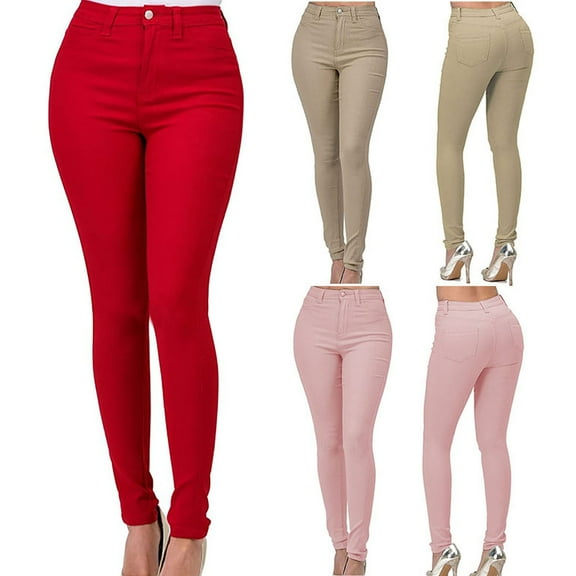 FRSASU Women's mid-Waisted Pants Stretchy Slim Fit Pants Solid Color temperament commuting Button Zip Ankle Length Red