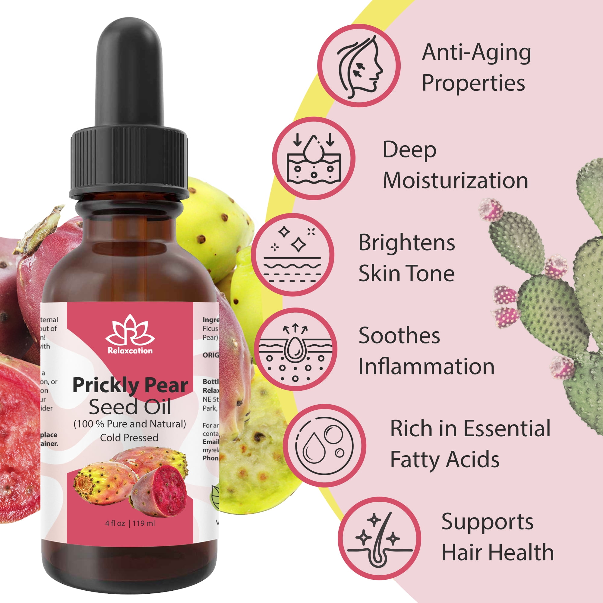 Prickly Pear Seed Oil (Barbary Fig / Nopal) – 100% Pure Cold-Pressed Lightweight Face & Hair Oil by Relaxcation | 0.5–4 fl oz