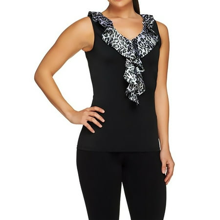 KATHLEEN KIRKWOOD Size 2X Dictrac-Ease Animal Print Ruffle Cami CAT BLACK
