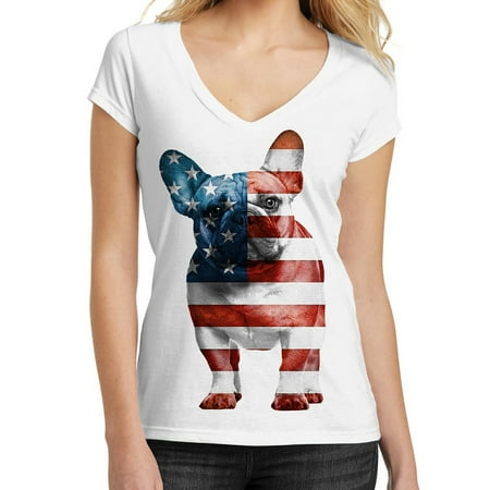 - American Flag French Bulldog Tee B747 Junior's White V-Neck T-Shirt Large