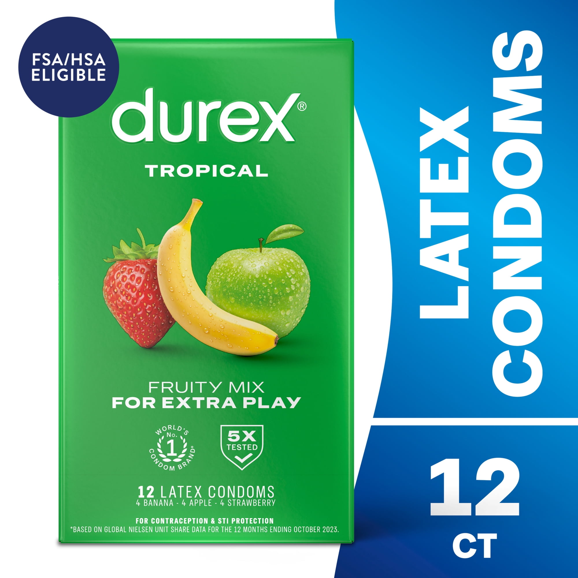 Durex Tropical Flavored Condoms For Men, Natural Lubricated Rubber Latex, FSA/HSA,12 ct