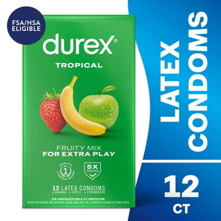 Durex Tropical Flavored Condoms For Men, Natural Lubricated Rubber Latex, FSA/HSA,12 ct