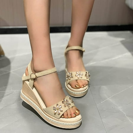 

ytjx ladies shoes wedge heel fish mouth breathable buckle strap rhinestone flowers sandals