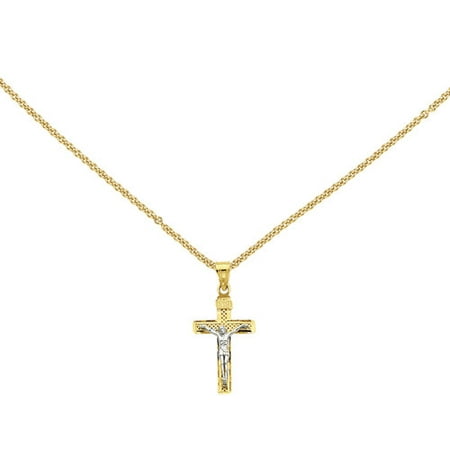 14kt Two-Tone Diamond-Cut Small Block Lattice Cross with Crucifix Pendant