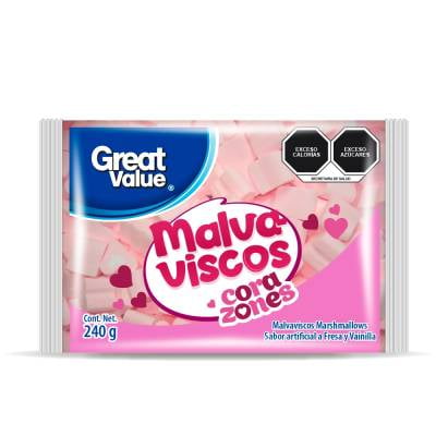 Malvaviscos Great Value corazones sabor fresa y vainilla 240 g