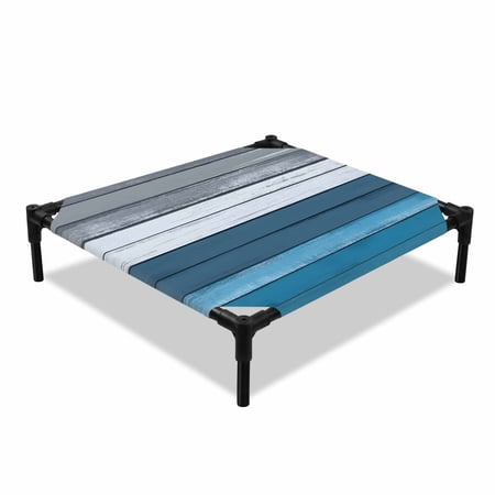 Coastal Style Elevated Dog Bed Retro Blue Grey Stripe Wood Texture Cooling Breathable Outdoor Raised Dog Cot Bed with Metal Frame Non-Slip Feet for Small Dog 20x20in