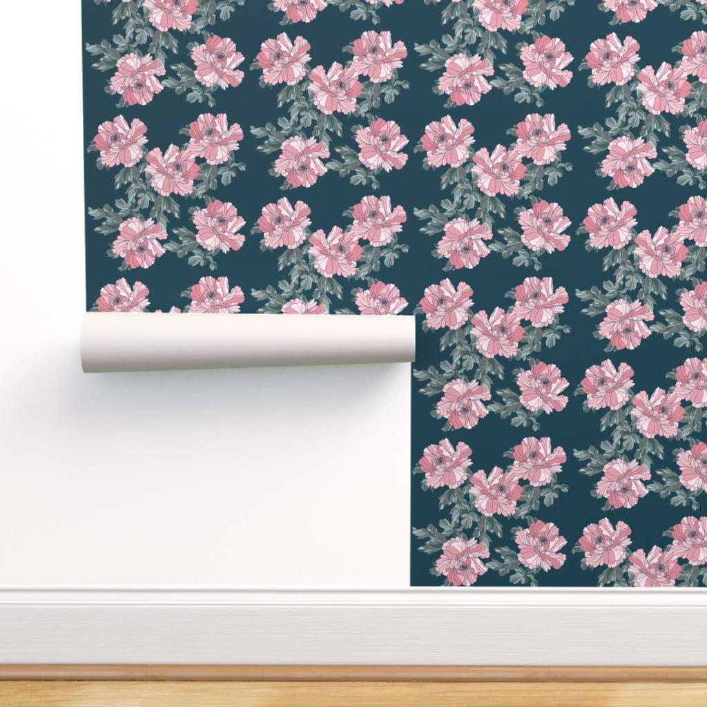 Removable Wallpaper 3ft x 2ft - Sweet Peony Emerald Peonies Floral Modern  Country Deep Green Pink Botanical Dusty Custom Pre-pasted Wallpaper by  Spoonflower 