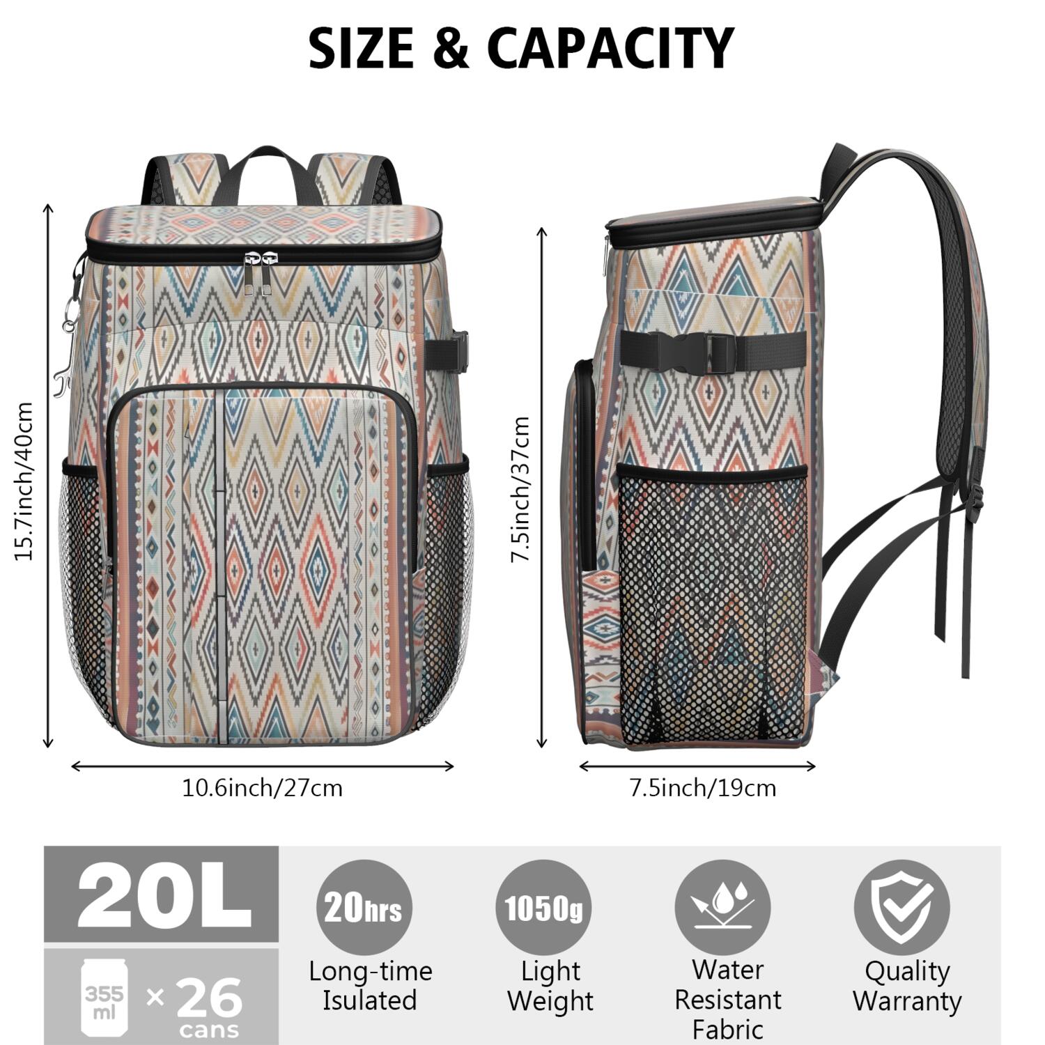 Travel Cooler Bag - Boho Bohemia Pioneer Flower Geometric Line Art Camping Beer Cooler Backpack with Bottle Opener- Waterproof Insulated Picnic Backpacks - Cooler Bag for Beach