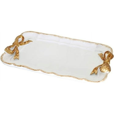 Vintage Decorative Tray , Elegant Jewelry & Cosmetics Organizer with Bow Design , Resin Storage Tray for Rings, Necklaces, Bracelets ,Vanity Tray for Dresser, Bathroom (White)