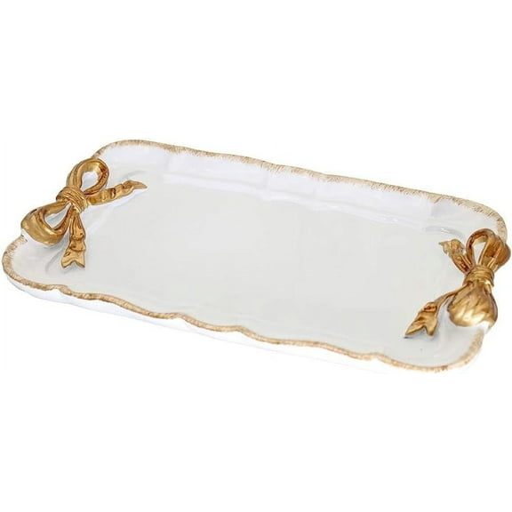 Vintage Decorative Tray , Elegant Jewelry & Cosmetics Organizer with Bow Design , Resin Storage Tray for Rings, Necklaces, Bracelets ,Vanity Tray for Dresser, Bathroom (White)