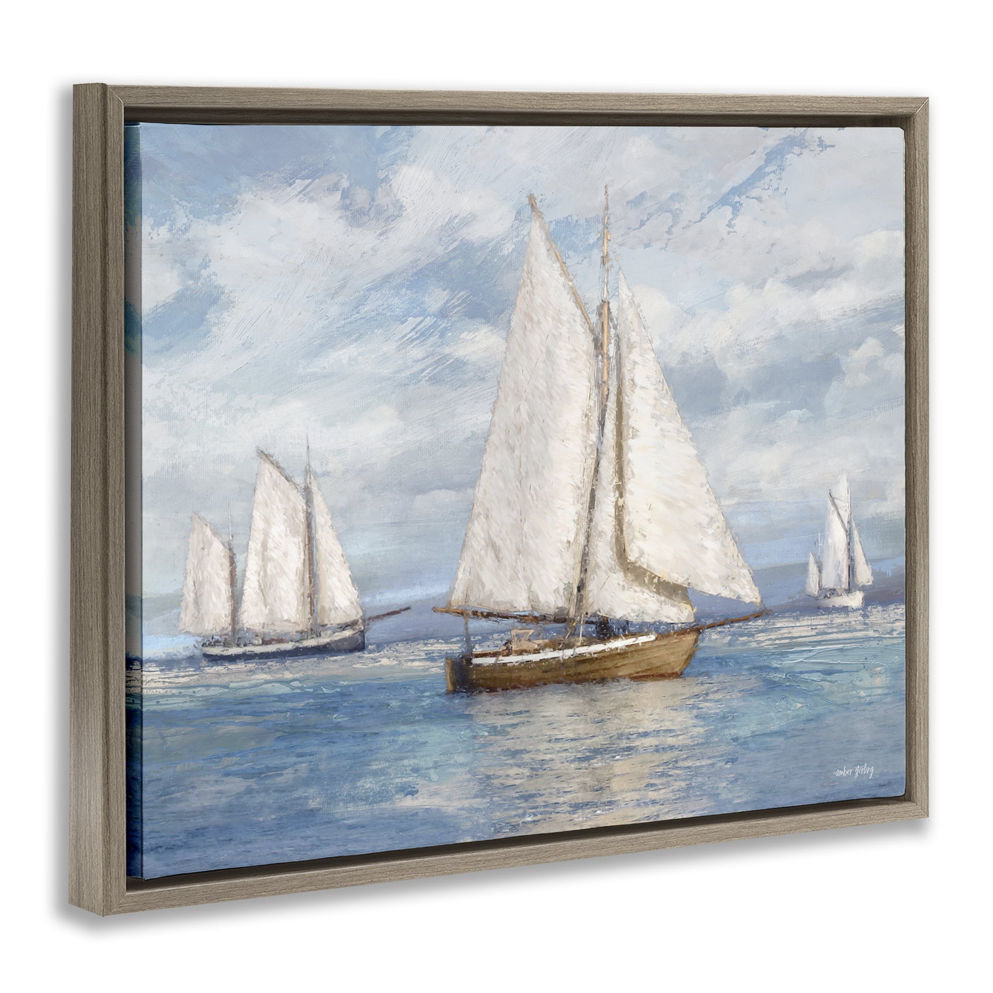 Stupell Industries Sailboat Trio Impression Nautical & Beach Painting Brown Floater Framed Canvas Art Print Wall Art, 31 x 25