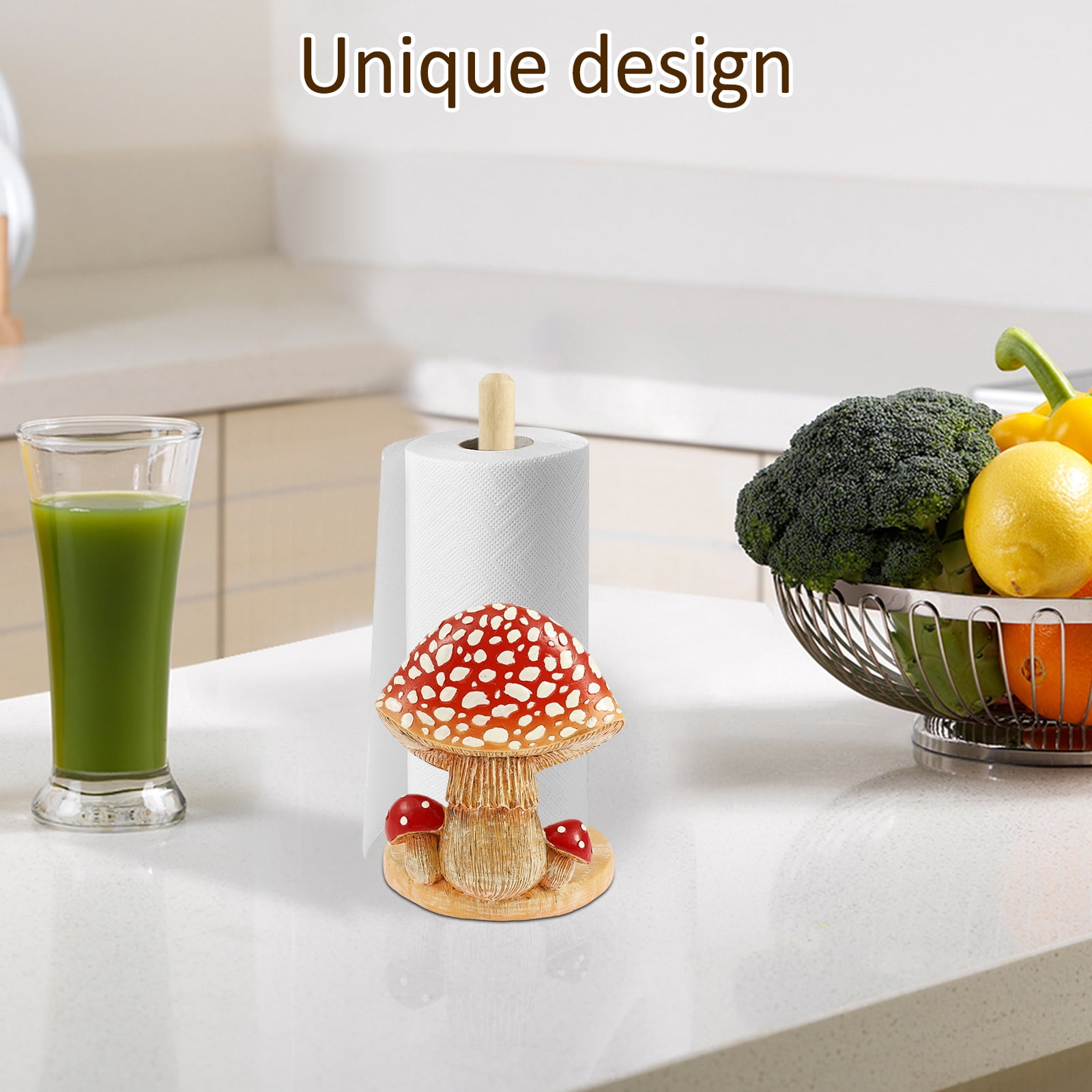 Threns Mushroom Pattern Paper Towel Holder Resin Tissue Paper Roll Display Stand Decor Unique Towel Roll Storage with Wooden Base for Home Kitchen Dining Room Countertop
