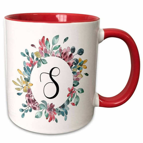 3drose, Pretty Watercolor Floral Circle Frame with a Monogram Initial S, 15oz Two-tone Red Mug