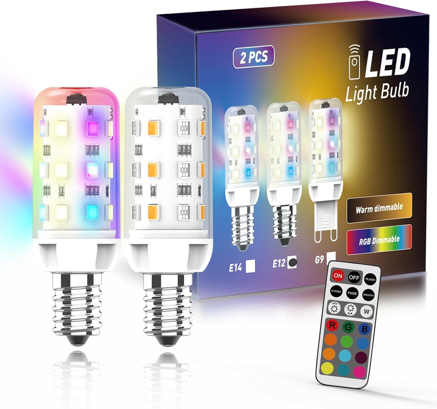 FEFEFW-E12 LED Bulb, 25W Equivalent, Warm White/Cold White/RGB 12 Color Changing, CRI 85+, 4 Auto Cycle Modes, Sync & Memory Function, T4 LED Bulb Dimmable, Efficient 2.5W, AC 120V (E12, 2 Pack)