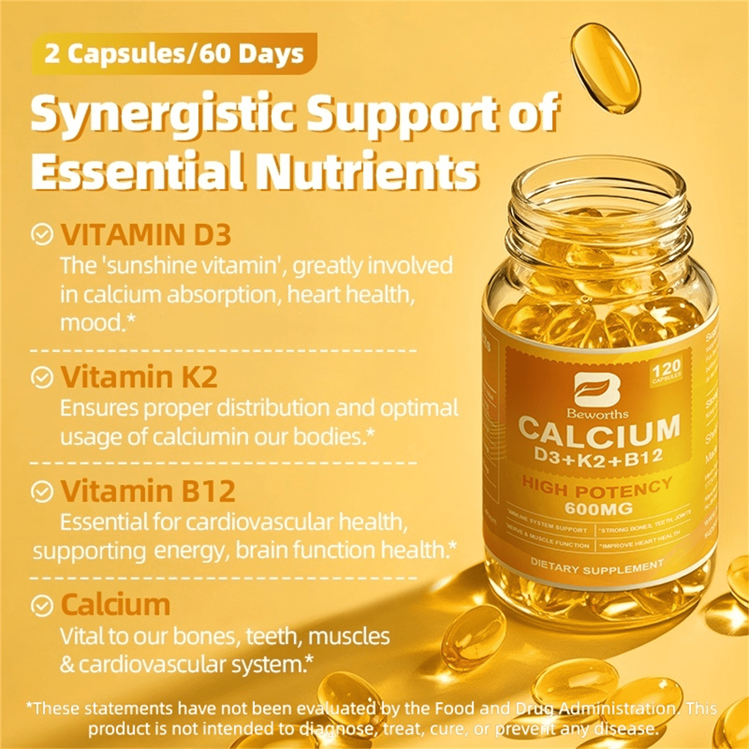 Beworths 4-in-1 Calcium 600Mg with Vitamin D3 K2 B12 Capsules for Bone Strength, Heart Health & Immune Support, 120 Capsules for Men and Women