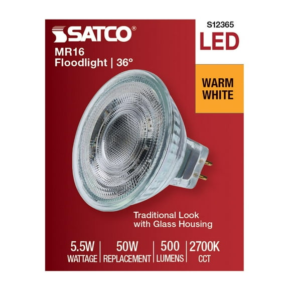 Satco S12365 MR16 LED Flood Light Bulbs 12V 5.5W 2700K GU5.3 Base Dimmable (12 Pack)