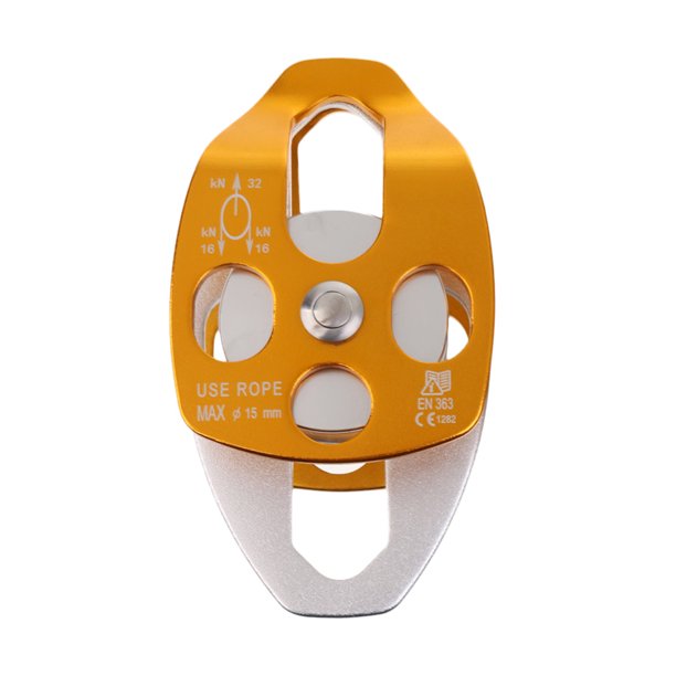 Polea oscilante lateral de escalada 32KN Cuerda de rodamiento de bolas Bucle coaxial doble Accesorios de seguridad de rescate Suministros seguros profesionales Oro Eigraketly OD002820-03