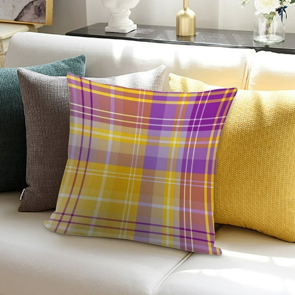 Yellow Lilac And Violet Plaid Soft Plush Throw Pillow Covers 20"x20" Decorative Cushion Cases with Hidden Zipper for Sofa Couch Bed Living Room, Pillow Cover Only Made in USA