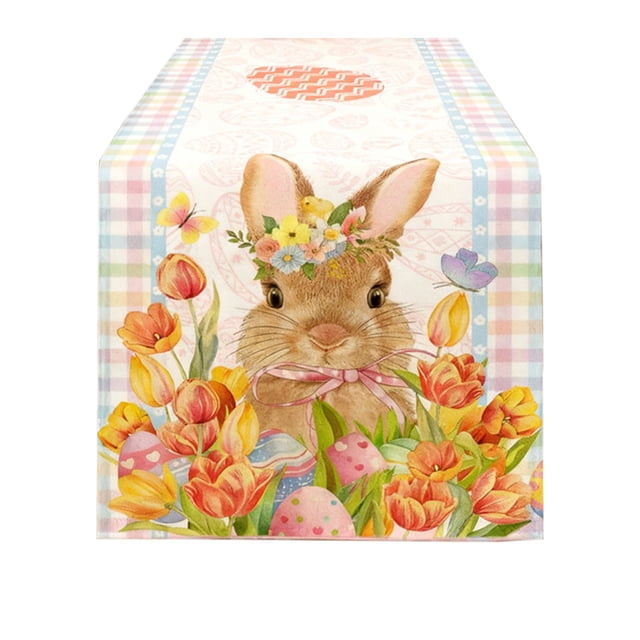 Tauxra Easter Table Runner 70 Inch Long Polyester Bunny Egg Design for Living Room Dining Room Holiday Spring Decor Machine Washable