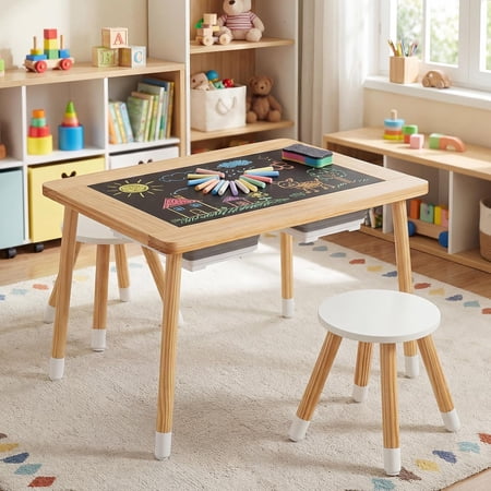 Toddler Sensory Table and Chairs Set with Double-Sided Boards & Storage Bins for Kids Activity Play