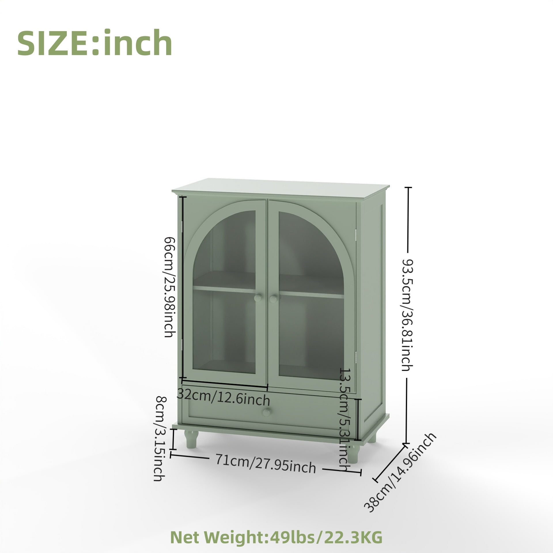 Aukfa Buffet Pantry Cabinet,Arched Glass Door Wood Sideboard Storage Cabinet for Dining Room Hallway Entryway,Green