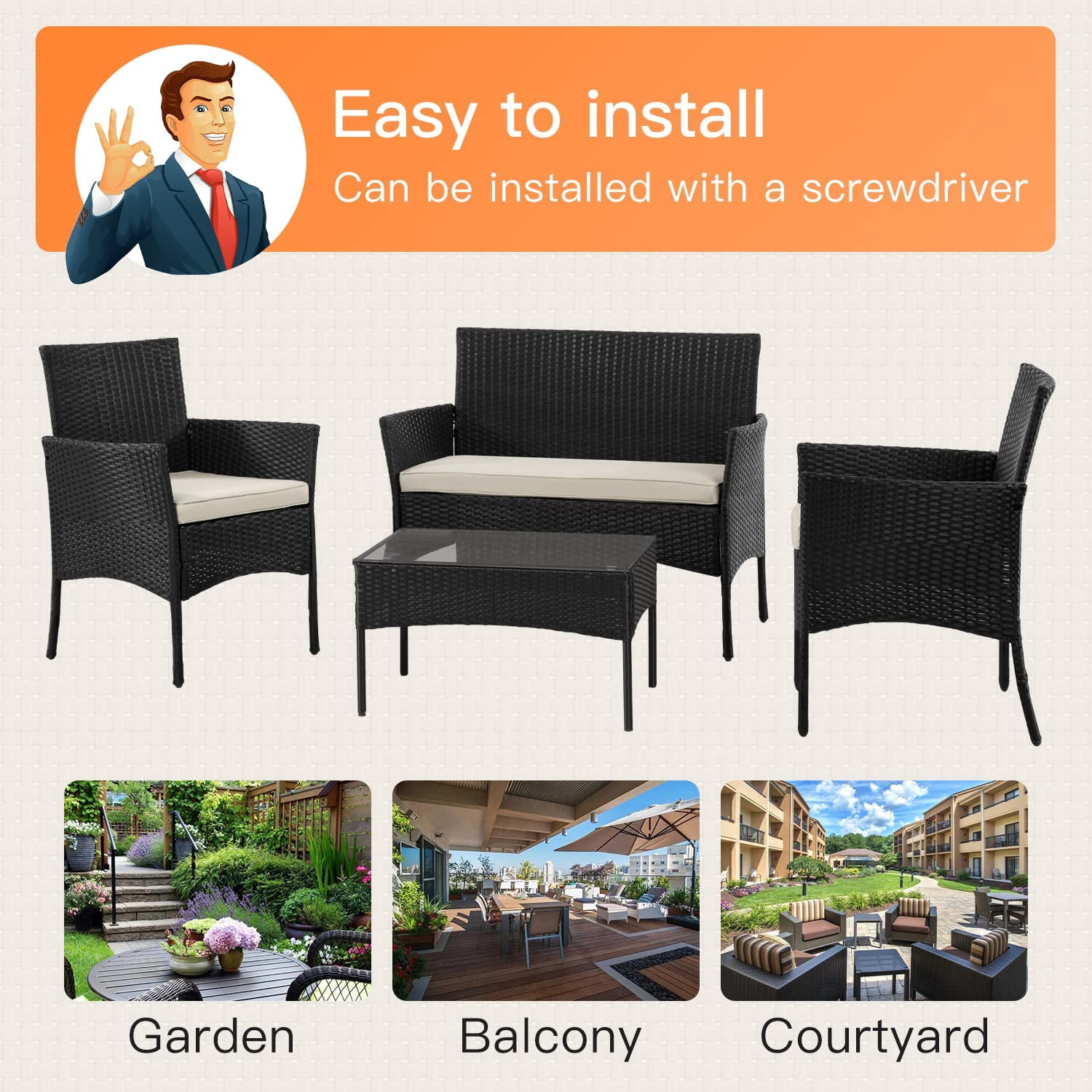 BestOffice Outdoor Patio Furniture Sets 4 Pieces Wicker Sofa with Coffee Table,Black