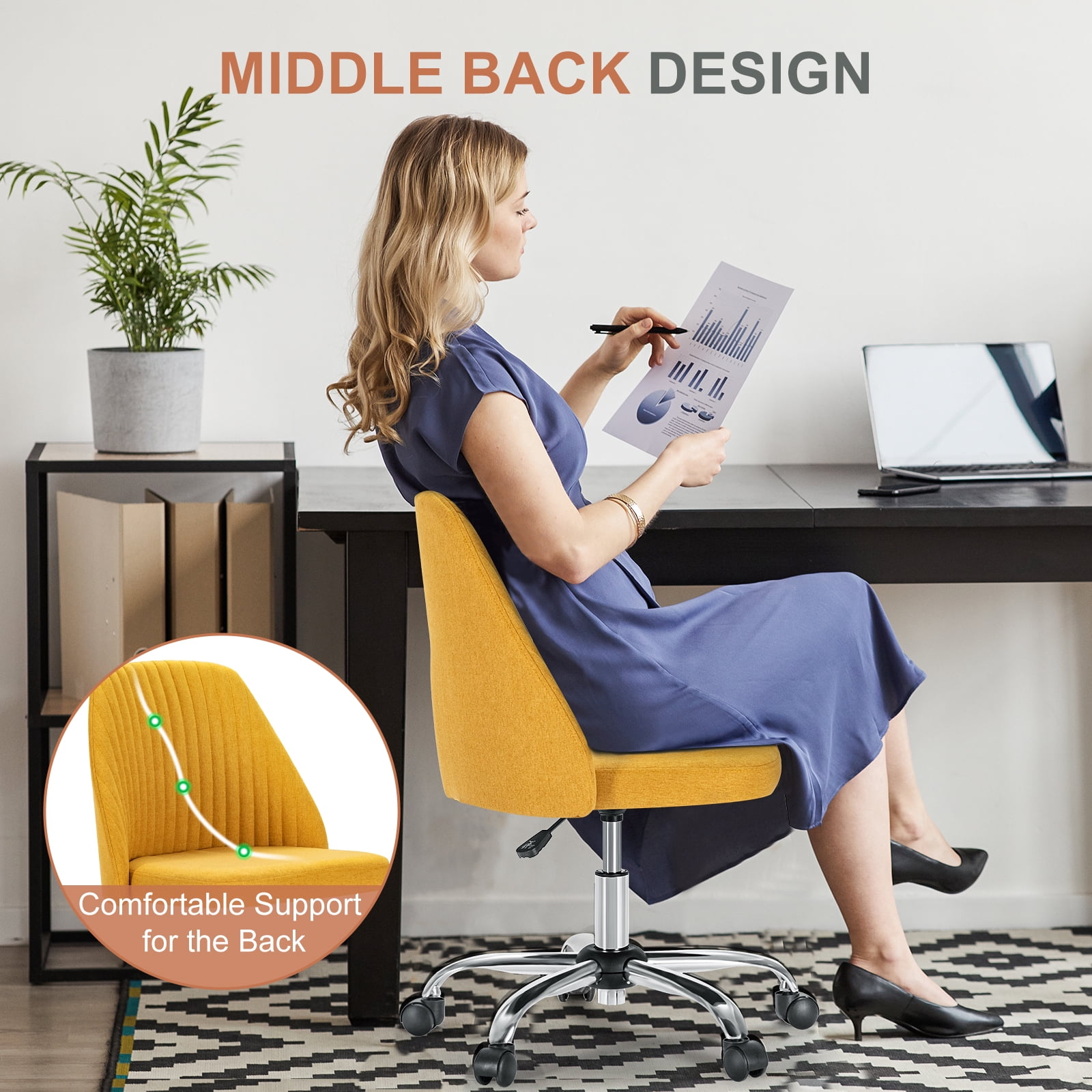 Armless Adjustable Swivel Desk Chair with Wheels