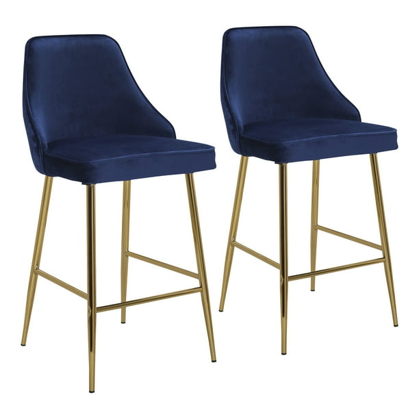 Marcel Contemporary/Glam Counter Stool in Gold Metal and Blue Velvet by