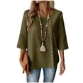 thumbnail image 2 of thefmos Women Plus Size Fall Round Neck 3/4 Sleeve Button Down Casual Solid Boho Pullover Tops for Women Cute Trendy Comfy Loose Fit Tunic Blouses Winter Business Work Clothes, Army Green 2XL, 2 of 5