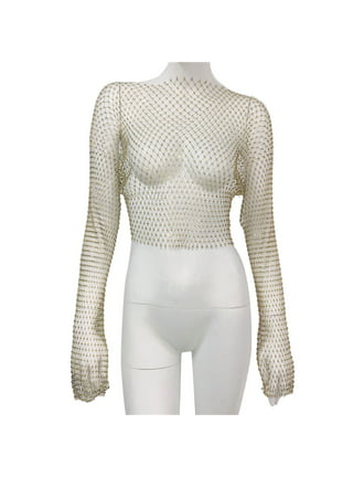 Licupiee Women Rhinestone Mesh Top Long Sleeve Hollow Out See Through Crop  Tank Top Sexy Rave Party Clubwear 