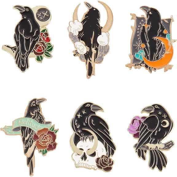 1 Box 6Pcs Lapel Pin Enamel Pin Black Flower Moon Lapel Pins Set Gothic Brooch Pins for Women Men Party Backpack Shirt Jacket Hat Decor Gift Supplies