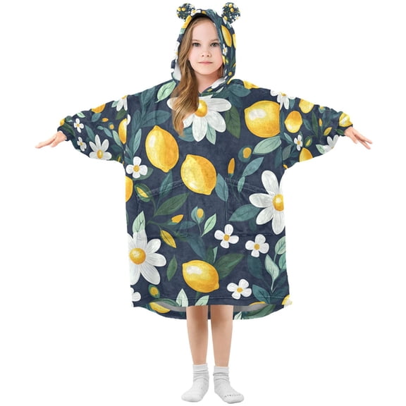 FORMRS Wearable Blanket Hoodie with Sleeves for Kids Cozy Flannel Sweatshirt, Lemon Flowers