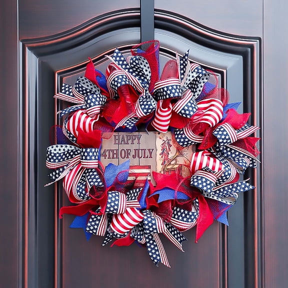 Patriotic 4th of July Front Door Wreath, 15 Inch Red White and Blue Vintage Fabric Decor for Independence Day, Memorial Day and Outdoor Home Entryway