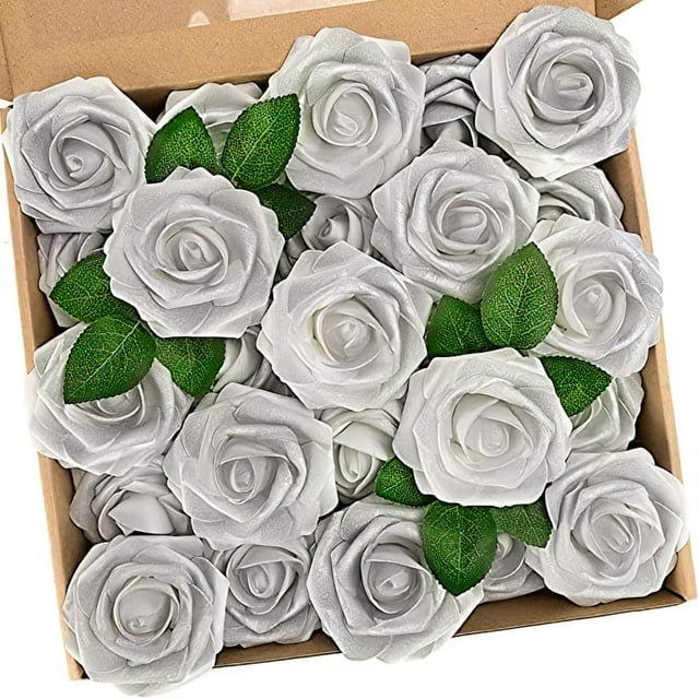 Flores artificiales N&T Nieting, 50 unidades, rosas blancas plateadas de 18 cm