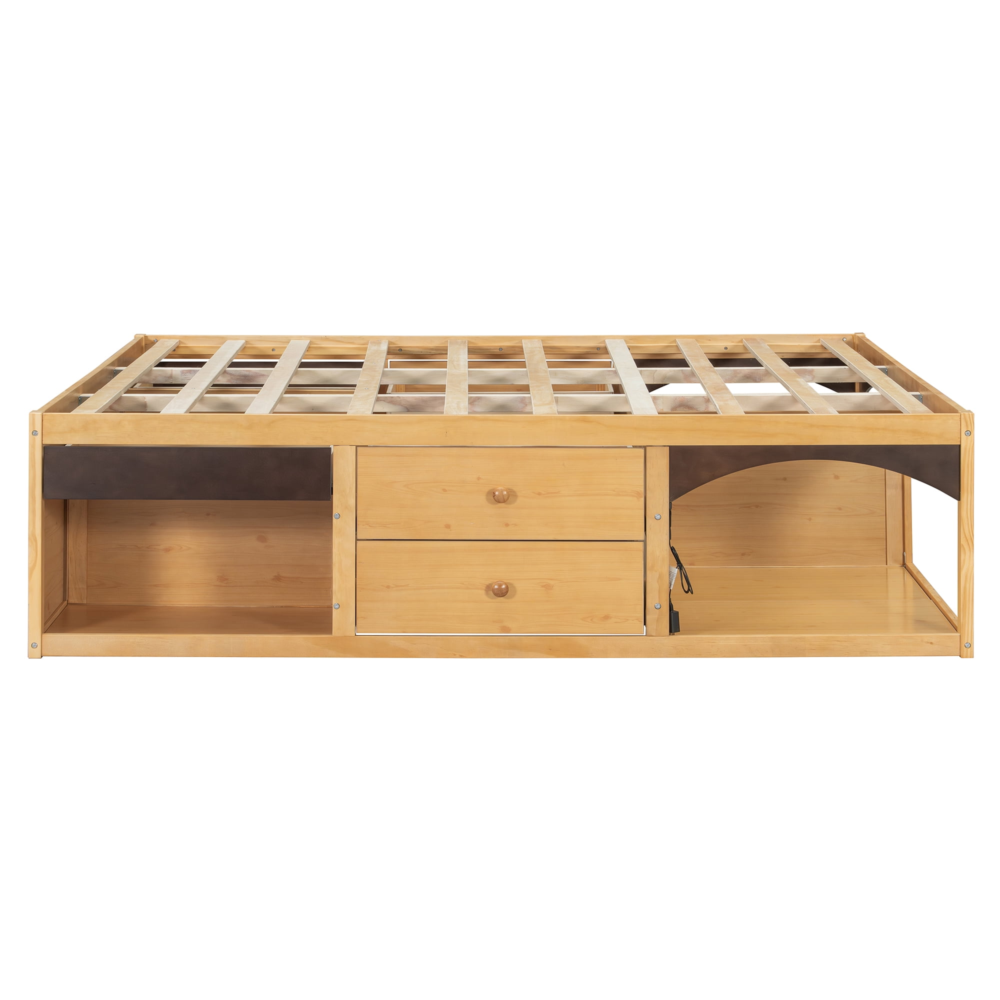 King Size Platform Bed with 2 Storage Drawers, Lighted Under-Bed Open Pet Space, No Headboard