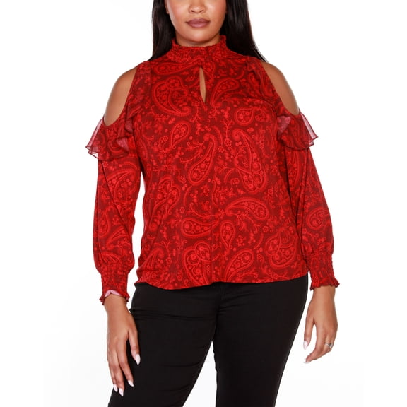 Belldini Black Label Plus Size Cold Shoulder Ruffled Top Belldini Red, Cranberry 1X