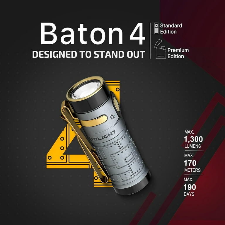 olight baton4 premium edition edc flashlights 1300 Lumens with Type-C Charging Box, 6 Lighting Modes Small Bright Light IPX8 Waterproof for Emergencies Outdoors (Guidance) The charging case supplies the lamp with light for a long time and also functions as a power bank thanks to the USB Type Olight Baton 4 Rechargeable EDC