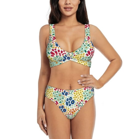 Zeuib Cartoon Flowers High Waisted Tummy Control Bikini Set - Knot Front Push Up Top & Cheeky Thong Bottom  Two-Piece Swimsuit for Women-Small