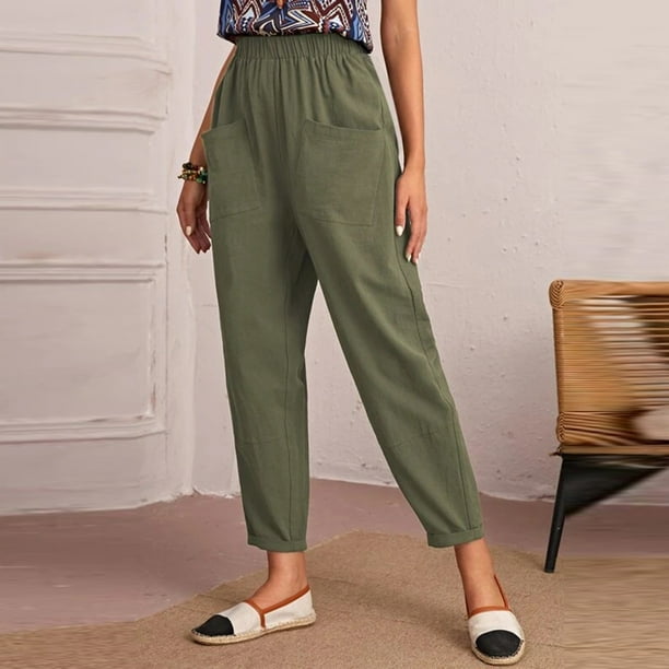 Pants for Women Elastic Waist Pure Color Straight Leg Cotton Linen Cropped  Trousers With Pockets Breathable Ladies (Medium, Green) 