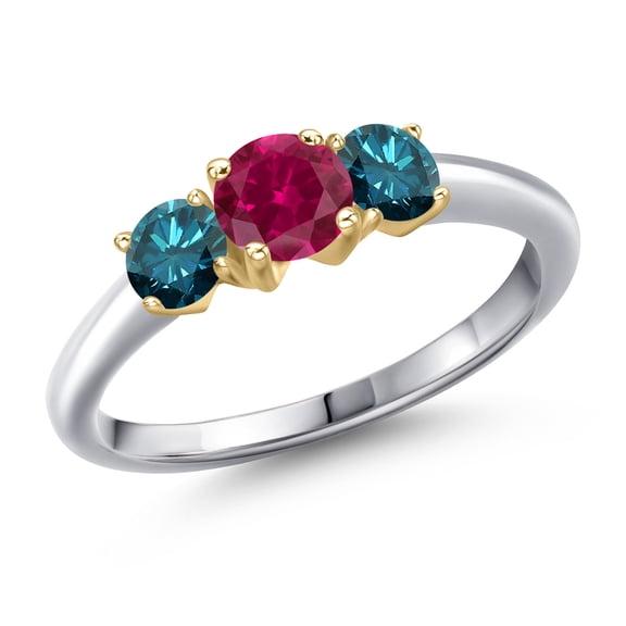Gem Stone King 925 Silver and 10K Yellow Gold Red Created Ruby and Blue Diamond Engagement Ring for Women | 1.14 Cttw | Round 5MM | Gemstone July Birthstone | Size 7