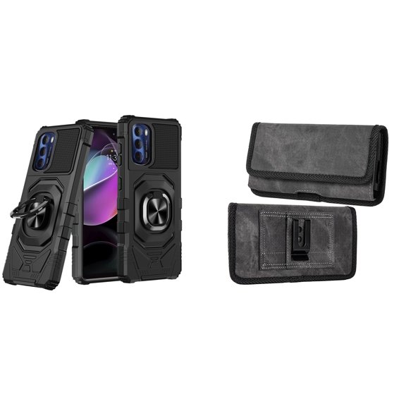 Case with Belt Holster Bundle for Moto G 5G 2022: Heavy Duty Shield Cover (Black) and Rugged Denim Nylon Phone Pouch (Grey)