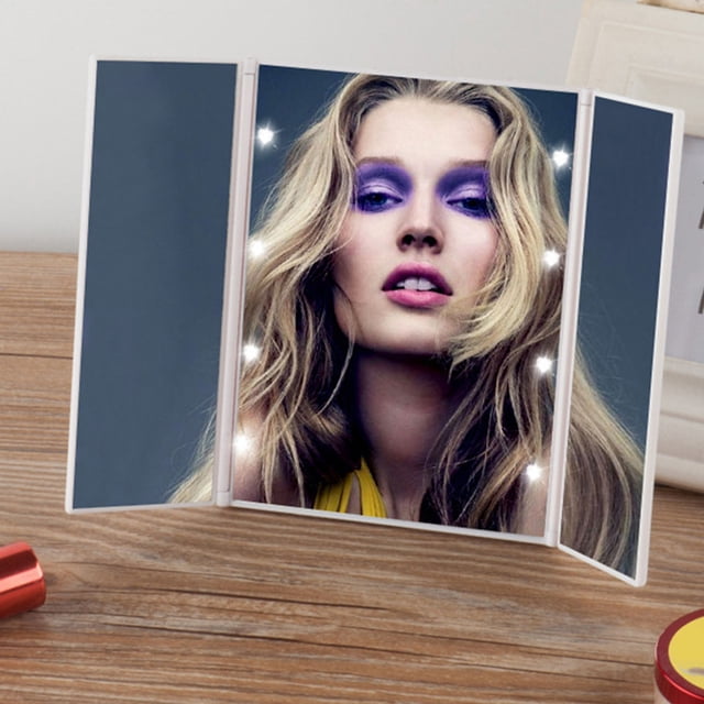 Espejo De Maquillaje De Tocador Iluminado Con 3 Pliegues, Espejo Cosmético De Viaje Para Encimera, Espejo De Mesa Con Luz LED Portátil, Mesa Plegable