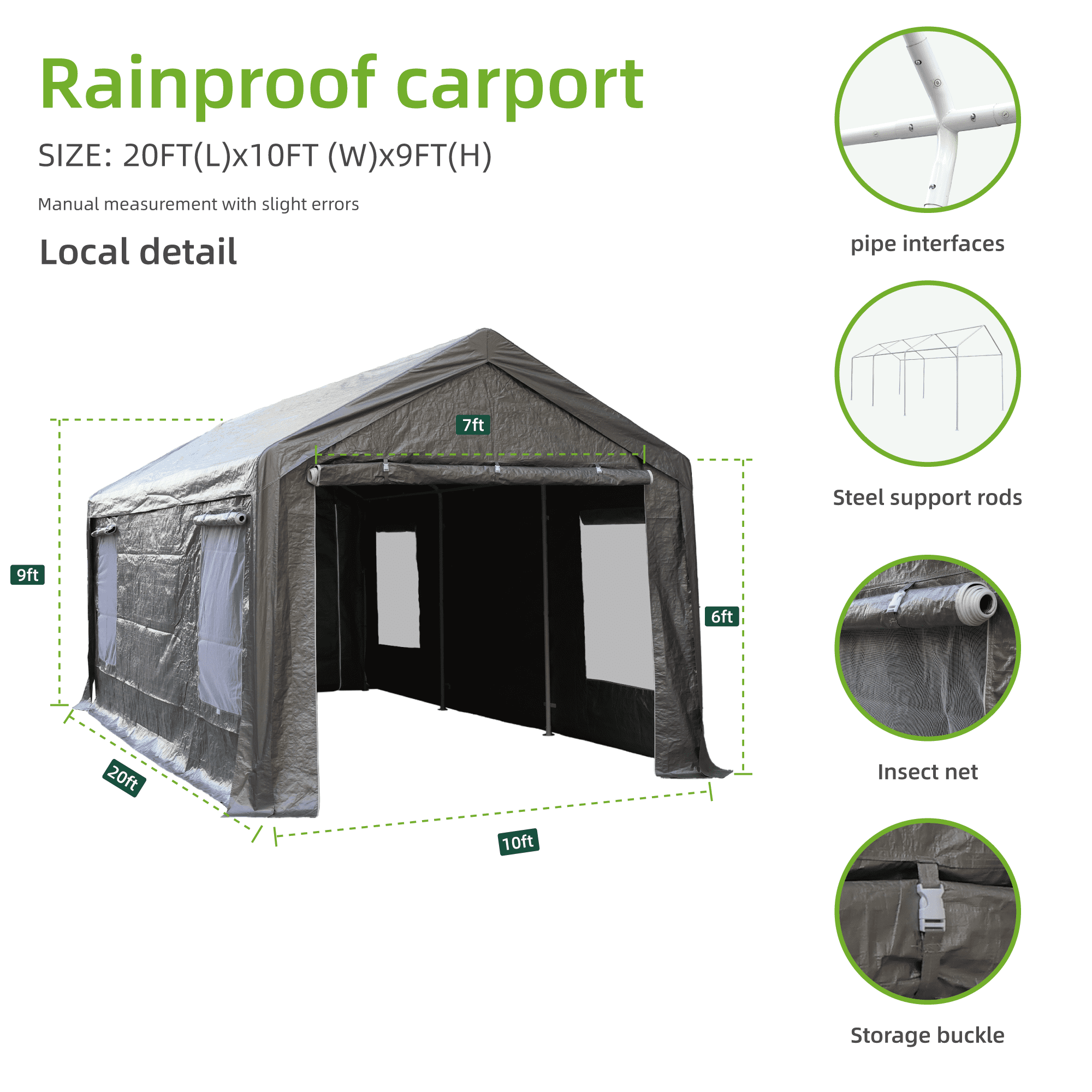 Car Ports, 10X20 Ft Heavy-Duty Carports With Roll-Up Windows, Portable Garages With Removable Side Walls And Doors, Trucks And Cars With All-Season Waterproof Pe Tarps