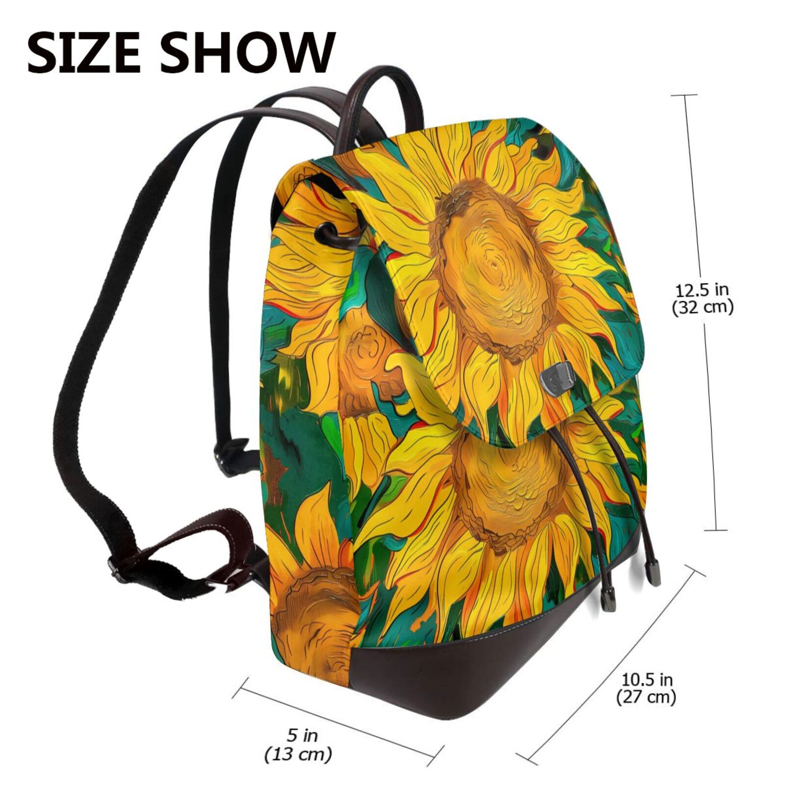 Gaeub Vibrant Sunflower Painting Print Women's Leather Backpack,Travel Laptop Backpack,Fashion Ladies Leather Backpack Bag for Travel,Leather Drawstring Daypack for Me