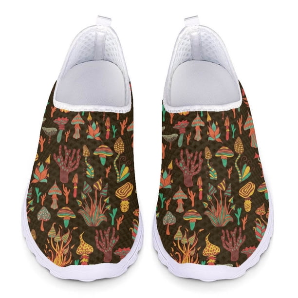 Zapatos casuales nuevos de verano y otoño para mujer, zapatos planos clásicos sin cordones con estampado de setas y plantas forestales, zapatos de malla transpirables para deportes al aire libre