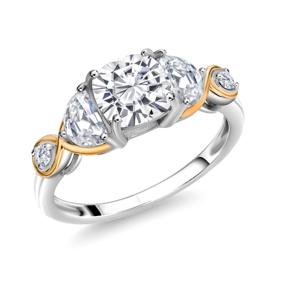 Gem Stone King 925 Silver and 10K Yellow Gold 3-Stone Ring Set with Cushion and Half Moon Moissanite (1.76 Carat Cttw) (Size 5)