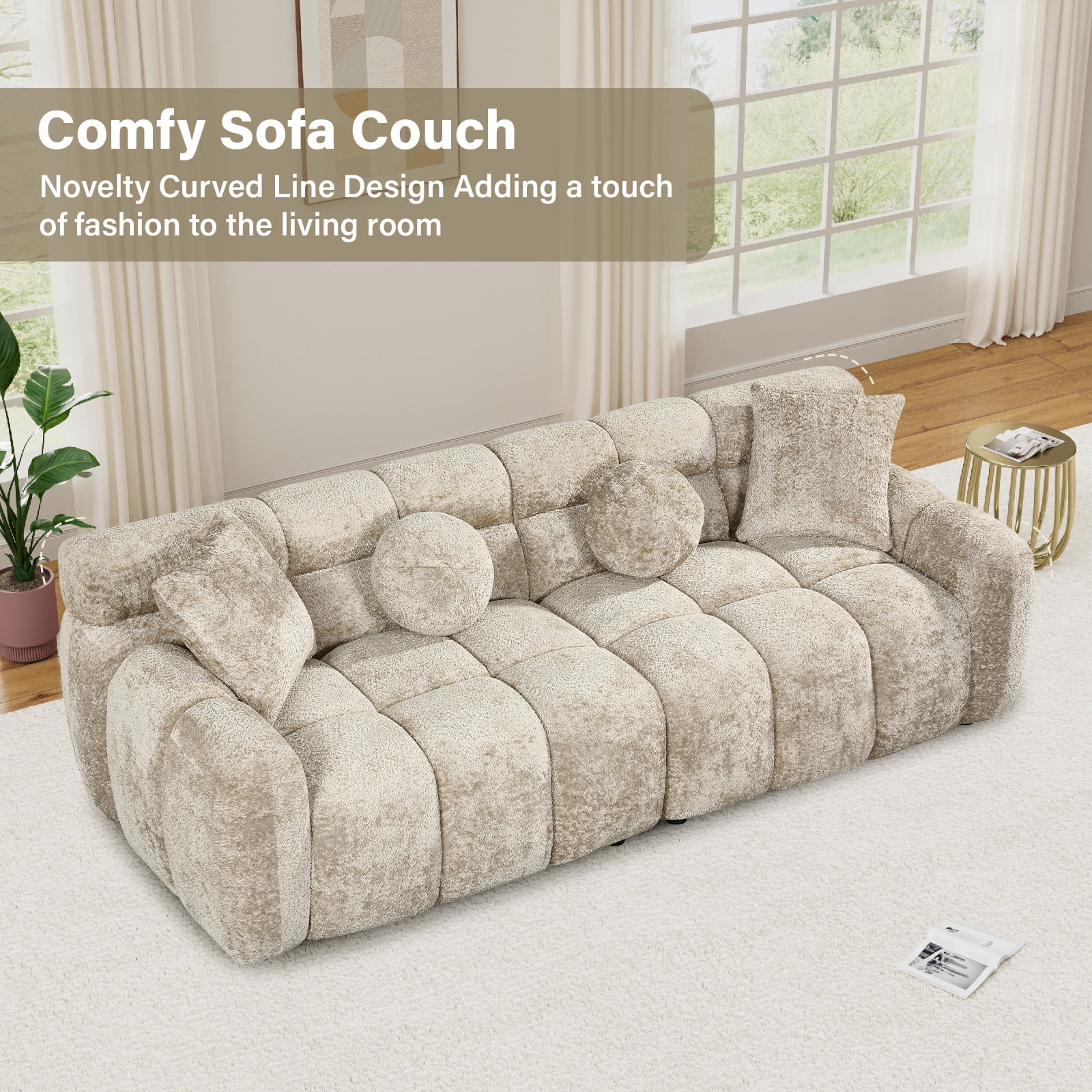 Wiilayok 87.3" Modern Tufted Upholstered Fluffy Chenille 3 Seater Sofa with 4 Pillows，Comfy Sherpa Deep Seat Cloud Couch, Small Love Seat for Living Room Apartment, Light Brown