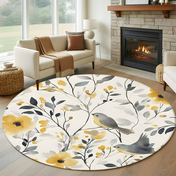 Yellow Grey Botanical Round Rug 5ft Washable Circle Kitchen Rugs Non Slip Birds Spring Floral Pastoral Large Area Rug Indoor Floor Carpet for Bedroom Living Room Home Office Dining Room Nursery